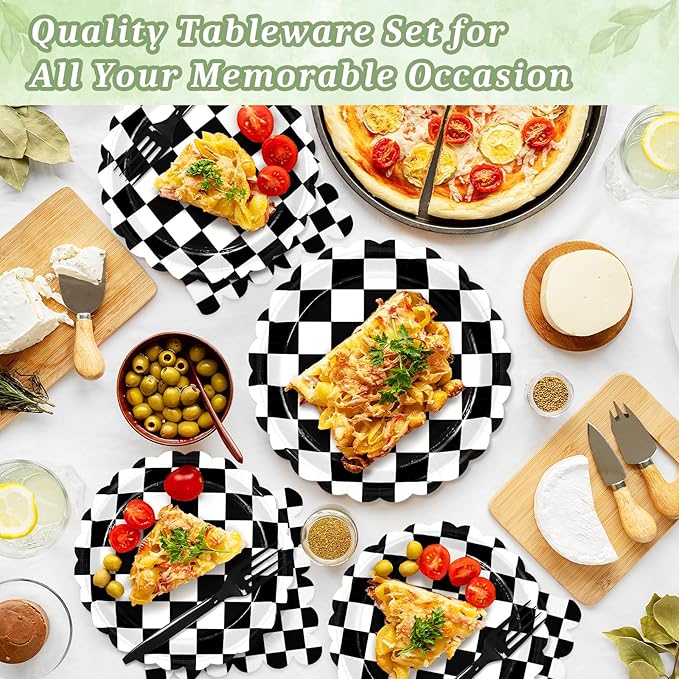 Mulbozy 75 Black Checkered Plates and Napkins Disposable Set Includes 25 Dessert Cake Scalloped Plates, Cocktail Napkins & Forks, for Fork 25 Guests Holiday Party Supplies.