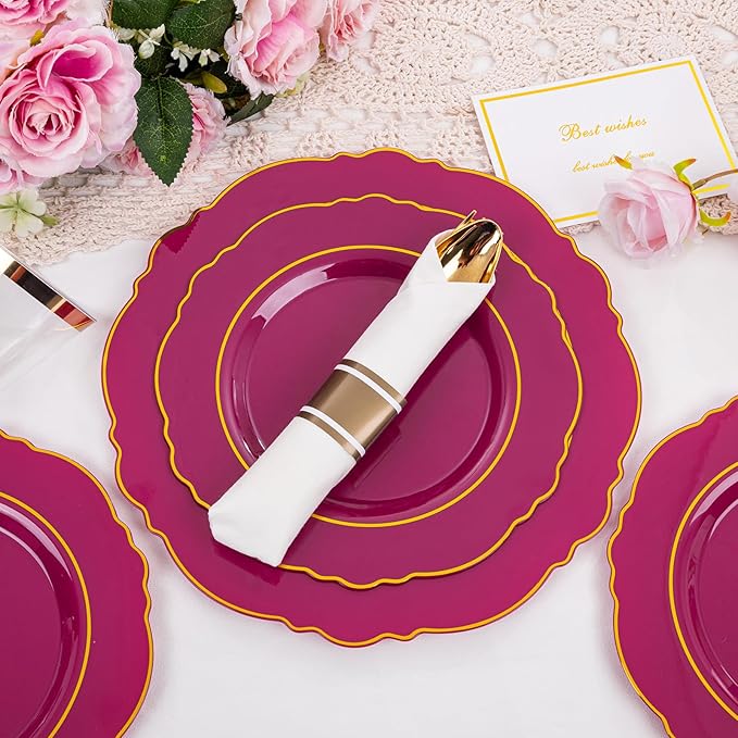 Liacere 350PCS Red Plastic Plates-Disposable Burgundy Red and Gold Plates 50guest Baroque Plastic Dinnerware include 100Plates, 50Pack Pre Rolled Napkins with Silverware 50Cups for Wedding&Mothers Day