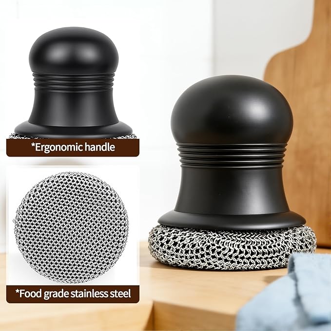 316 Upgraded Cast Iron Scrubber with Pan Scraper,Cast Iron Cleaner for Grill Pan Skillet Wok Carbon Steel,Ergonomic to Hold Easy to Use Dishwasher Safe ((Small Chainmail,2pcs))