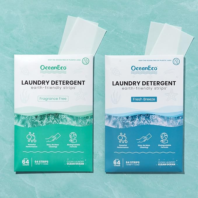 OceanEco™ Earth-Friendly Laundry Detergent Strips - 64 Loads | Ultra-Concentrated, Zero-Waste, Biodegradable, Cruelty-Free & Vegan (Fragrance Free)