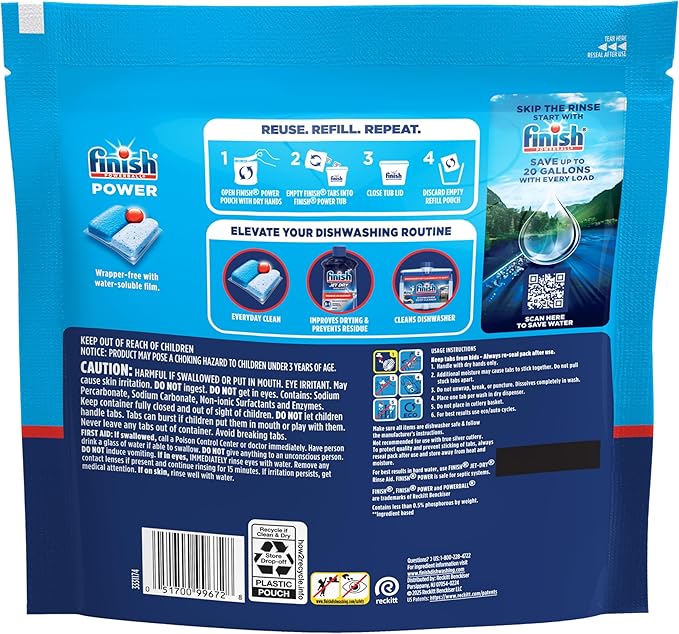 Finish Power Dishwasher Pods, No Pre-Rinse Dishwasher Detergent Soap For Deep Clean & Shine with Degreasing Power, 62 Count