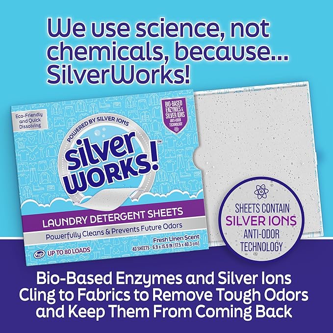 SilverWorks! Premium Dissolvable Laundry Detergent Sheets, Silver Ion Odor Elimination Technology, Powerfully Clean & Prevent Odors, Dissolves Fully, 40 Sheets, Fresh Linen