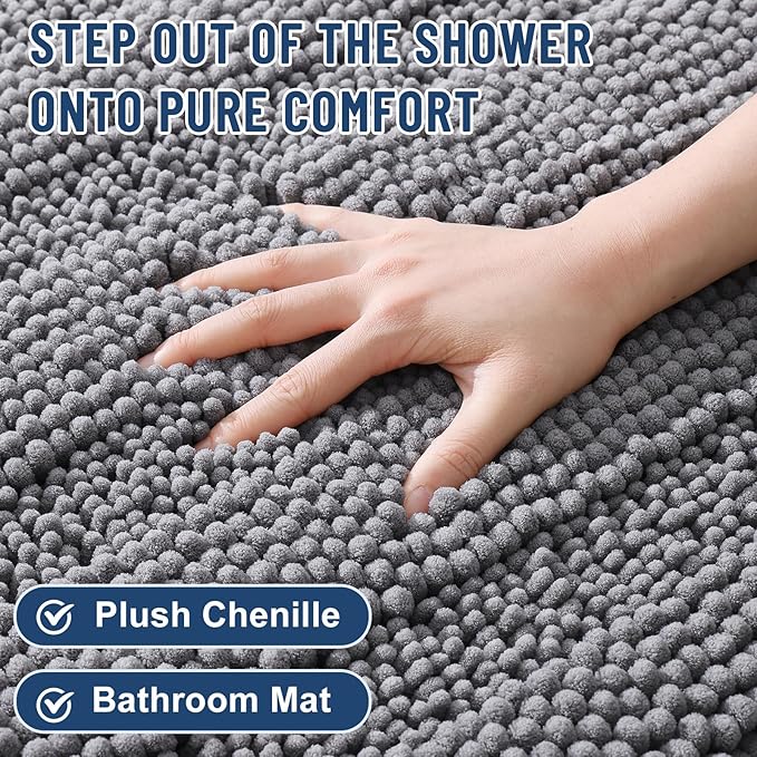 Grandaily Chenille Striped Bathroom Rugs 44x24, Extra Thick and Soft Absorbent Bath Mats, Rubber Backing, Plush Shaggy Shower Carpet, Machine Wash Dry, Bath Rug for Bathroom, Grey