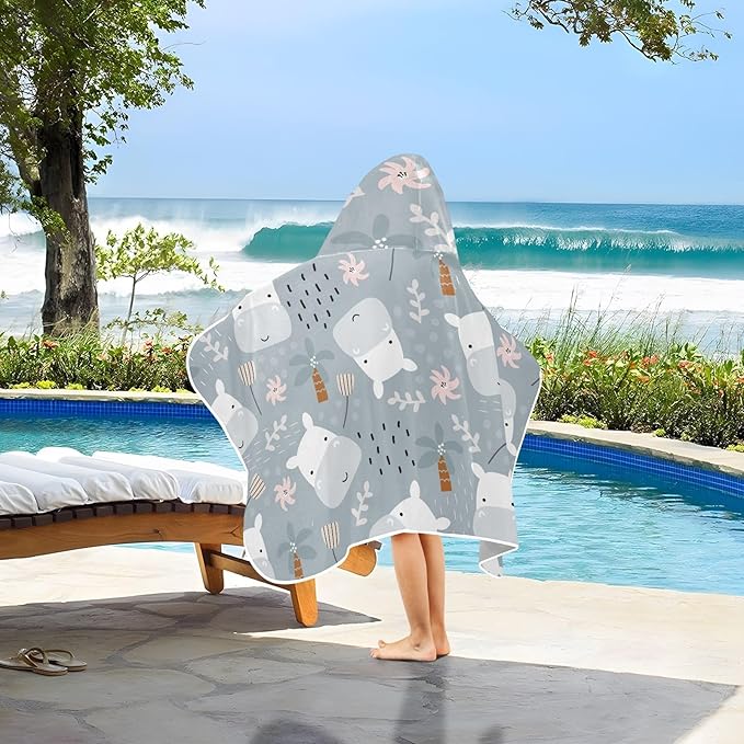 susiyo Kids Hooded Bath Towel Cute Hippo Tropical Plants Beach Towel for Kids 23.5 x 50 Inch Microfiber Soft Absorbent Quick Dry Bath Swim Pool Towel Wrap Poncho Bathrobe with Hood for Kids Toddler