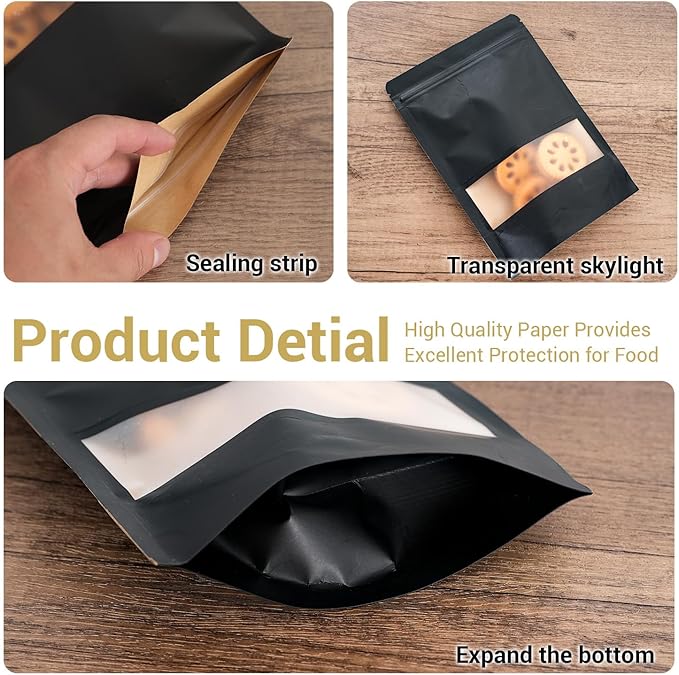 100 Pcs Black Kraft Paper Bags with Window, 7.1" x 10.2" Stand Up Pouches Bags, Food Storage Bags for Packaging Products, Reusable, Sealable