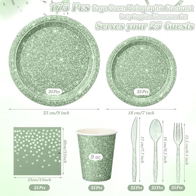 Hushee 175 Pcs Sage Green Holographic Print Party Supplies Guests Disposable Dinnerware Set Include Paper Plates, Napkins, Cups, Plastic Cutlery for Wedding Birthday Disco Bachelorette