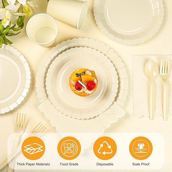 175 PCS Ivory Paper Plates and Napkins Tableware Set, Ivory Party Supplies for 25 Guests Include Scalloped Plate Paper Napkins Cups Knife Fork Spoon for Baby Shower, Birthday, Wedding