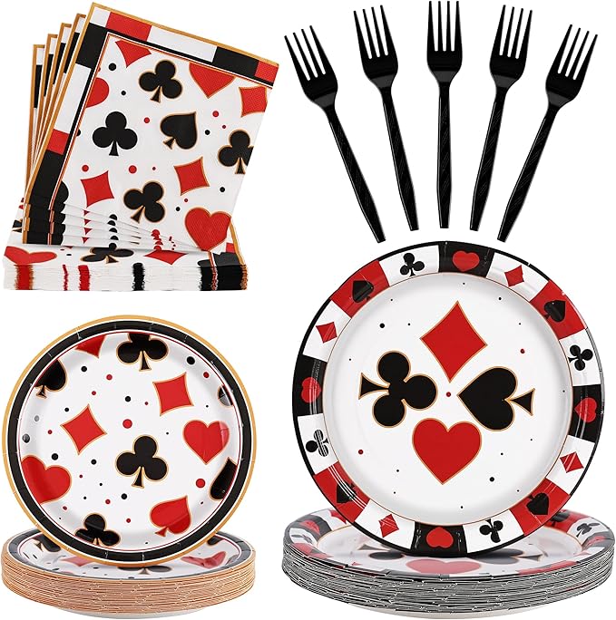 100 Pcs Casino Party Supplies for 25 Guests, Heavy-Duty 7" & 9" Paper Plates, 2-Ply 13" Napkins & Plastic Forks, Disposable Tableware Set for Casino Night Vegas Game Night and Poker Party