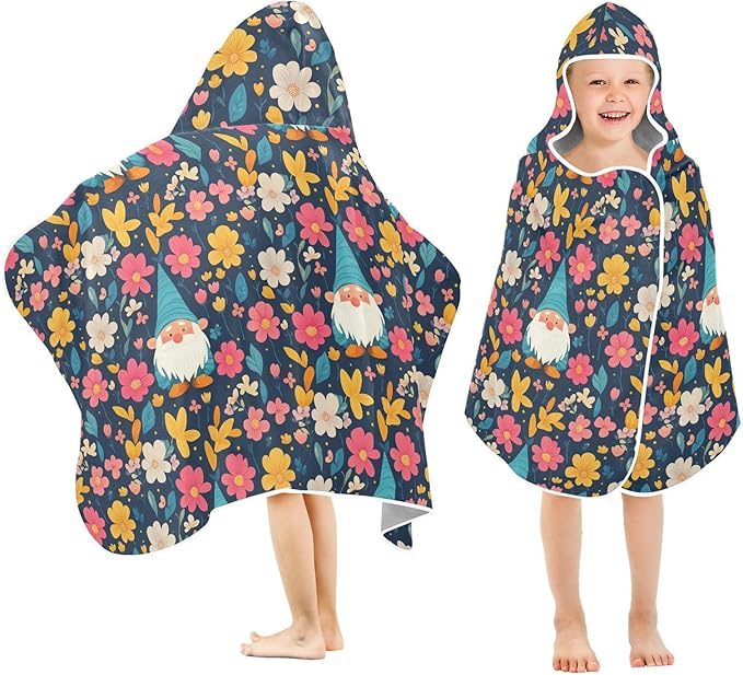 Kids Beach Towels Cartoon Cute Gnome Flowers Black Hooded Beach Bath Towel Lightweight Toddler Towels