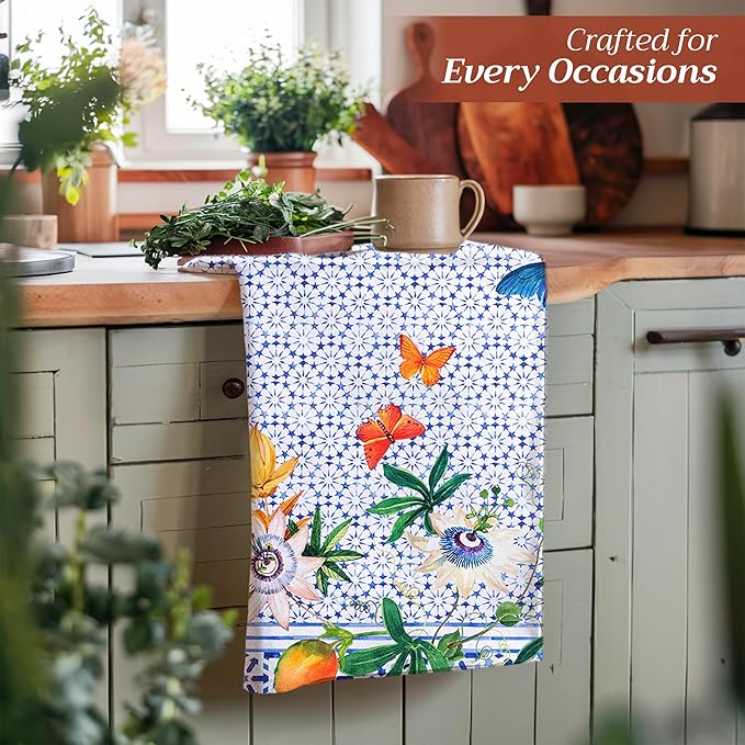 Maison d' Hermine Kitchen Towels Set of 3 100% Cotton 27.50" x 20" Reusable Cloth Tea Dish Towels Absorbent with Hanging Loop for Kitchen Farmhouse Hotel Spring Summer - Passiflora