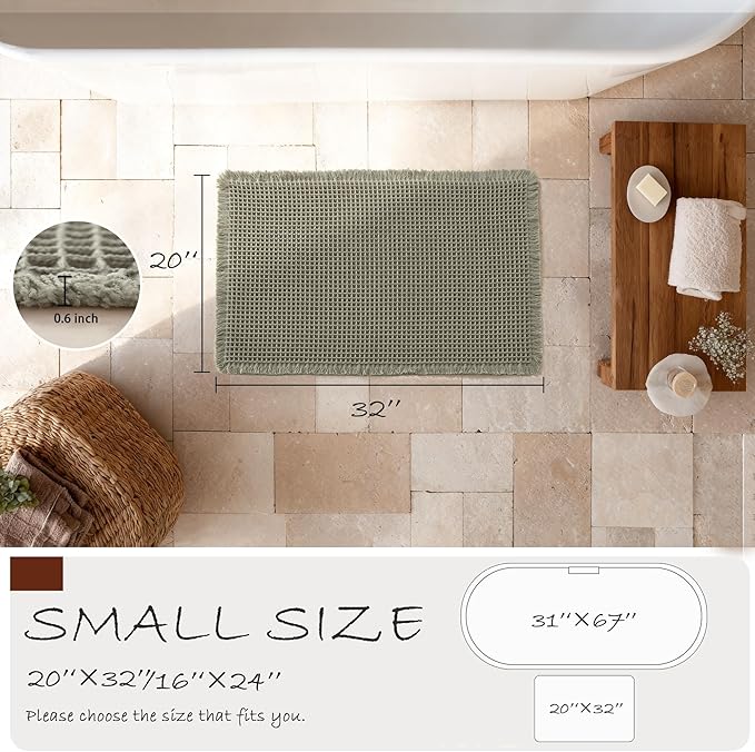 DWCN Olive Green Waffle Bathroom Mat, Boho Bath Rugs Super Absorbent Non Slip Bath Mats for Bathroom Floor, Ultra Soft Farmhouse Shower Mats for Tub and Shower, 20 x 32 Inch