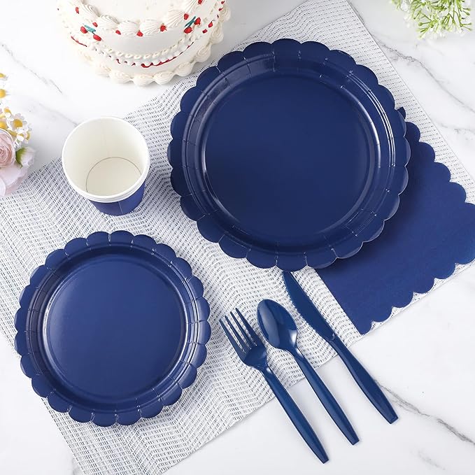 175 Pcs Navy Blue Plates and Napkins, 25 Guest Navy Blue Graduation Party Supplies Includes Scalloped Plates Napkins Cups Plastic Cutlery for 2026 Graduation, Birthday, Wedding, Picnic