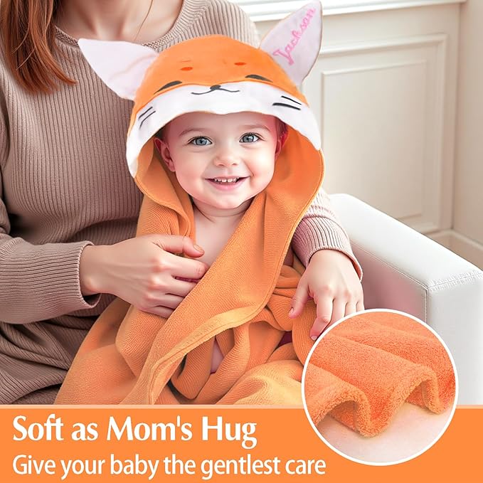 Baosity Custom Hooded Baby Towel with Name, Personalized Soft Absorbent Fox Bath Towel, Shower Towels for Girls Boys, Easter Brithday for Kids Baby, Toddler, Newborn Essential