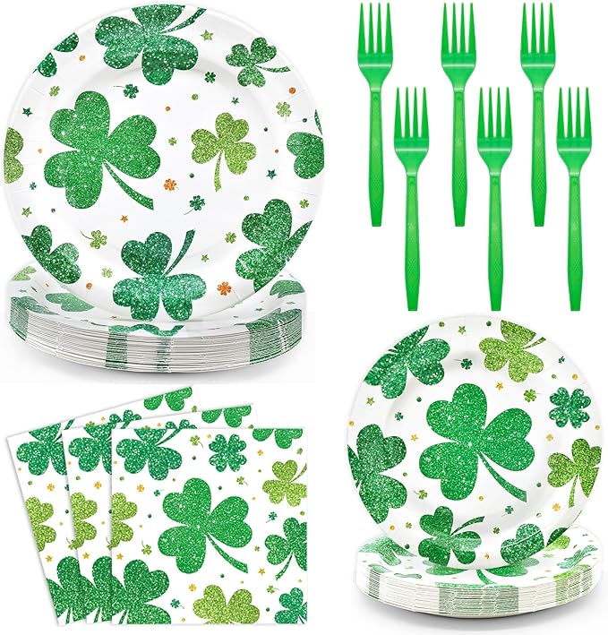 96 Pieces St. Patrick's Day Shamrock Plates and Napkins Tableware Set, Green Lucky Clover Disposable Dinnerware with Paper Plates, Napkins, and Forks for Irish Party Supplies- Serves 24