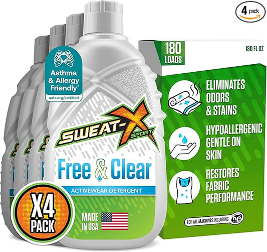 SWEAT X Free & Clear Laundry Detergent Liquid - Natural Non Toxic Laundry Detergent for Sensitive Skin - Gentle Washing Detergent for Activewear & Performance Fabrics - 45 Loads/Bottle, 4 Bottles