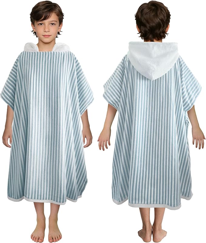 VOOVA & MOVAS Hooded Poncho Towel for Teens Unisex 100% Cotton Calm Gentle Beach Swim Bath Cover Up Teal White Stripe