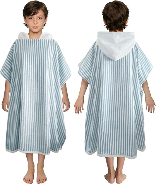 VOOVA & MOVAS Hooded Poncho Towel for Teens Unisex 100% Cotton Calm Gentle Beach Swim Bath Cover Up Teal White Stripe
