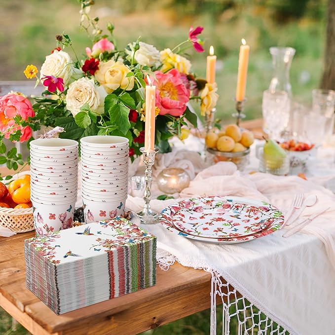 Sinmoe 400 Pcs Spring Plates and Napkins Set Paper Flower Dinnerware Disposable Party Supplies for 50 Guest Dinnerware Knife Fork Spoon for Spring Birthday Party(Multicolor,Bird)