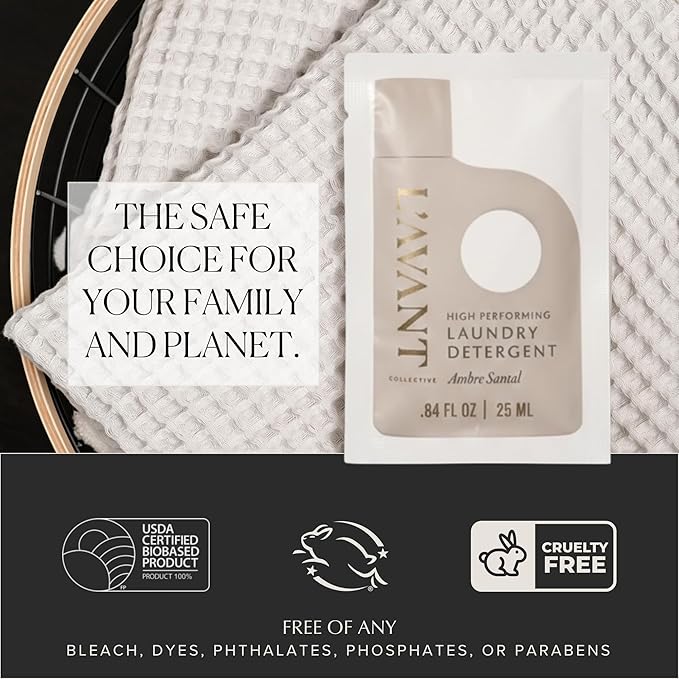 L'AVANT Collective Luxury Travel Laundry Detergent | Ambre Santal | Non-Toxic Concentrated Liquid Laundry Soap Packets | Plant-Based, HE Compatible, Travel Size, Gym, Camping & Rentals | Set of 5