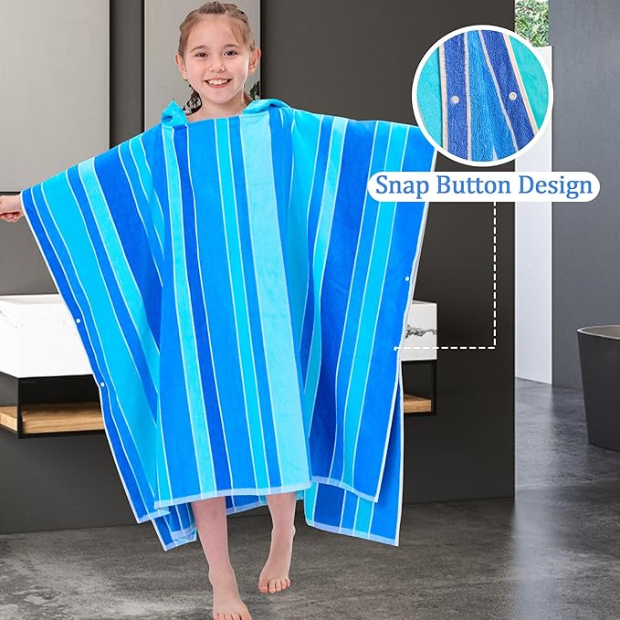 VOOVA & MOVAS Teens Poncho Towel with Hood (8-16Years), 100% Cotton Thick Poncho Towel Robe for Teens, Perfect for Pool, Beach, Bath and Gifts,Blue Stripe