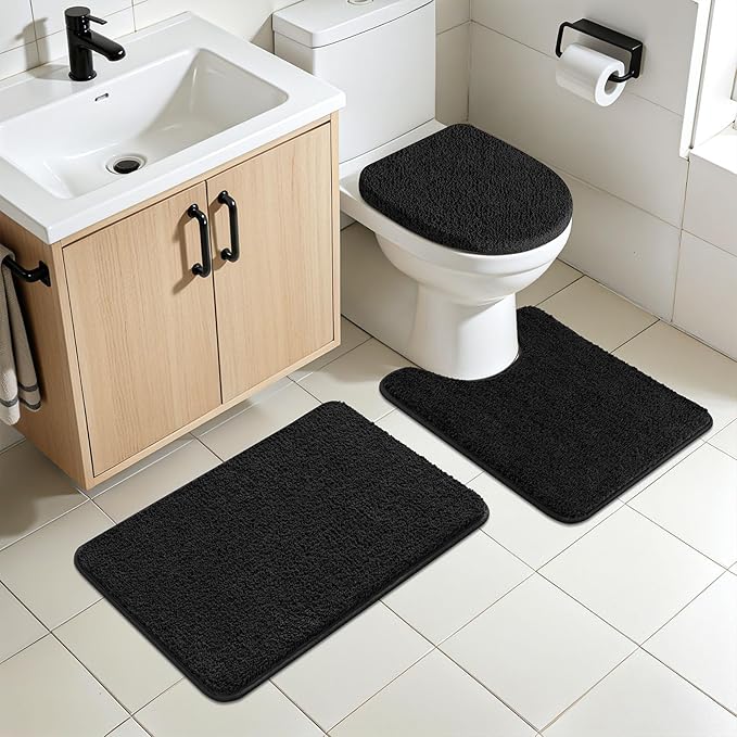 SHACOS 5 Pieces Bathroom Rugs Set with Toilet Lid Cover Ultra Soft Absorbent Microfiber Bath Mat U Shape Contour Rug for Bathroom, Non Slip Machine Washable Bath Runner Rugs for Bedroom, Black
