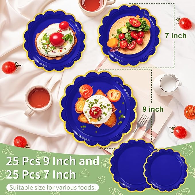 50 Pcs Royal Blue Paper Plates, 25 Pcs 9" and 25 Pcs 7" Disposable Royal Blue Scalloped Plates with Gold Foil for Graduation Wedding Baby Shower Birthday Party Picnic BBQ