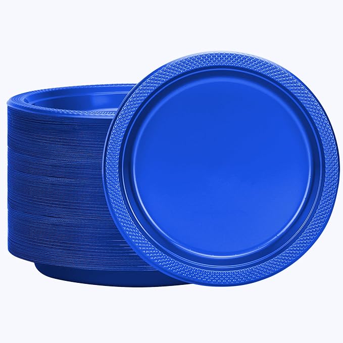 Blue Plastic Plates 7 Inch - 50 count - Plastic Solid Round Party Plates For Weddings, BBQs, Birthday Plates - Disposable Blue Plates - Plastic Dessert Plates