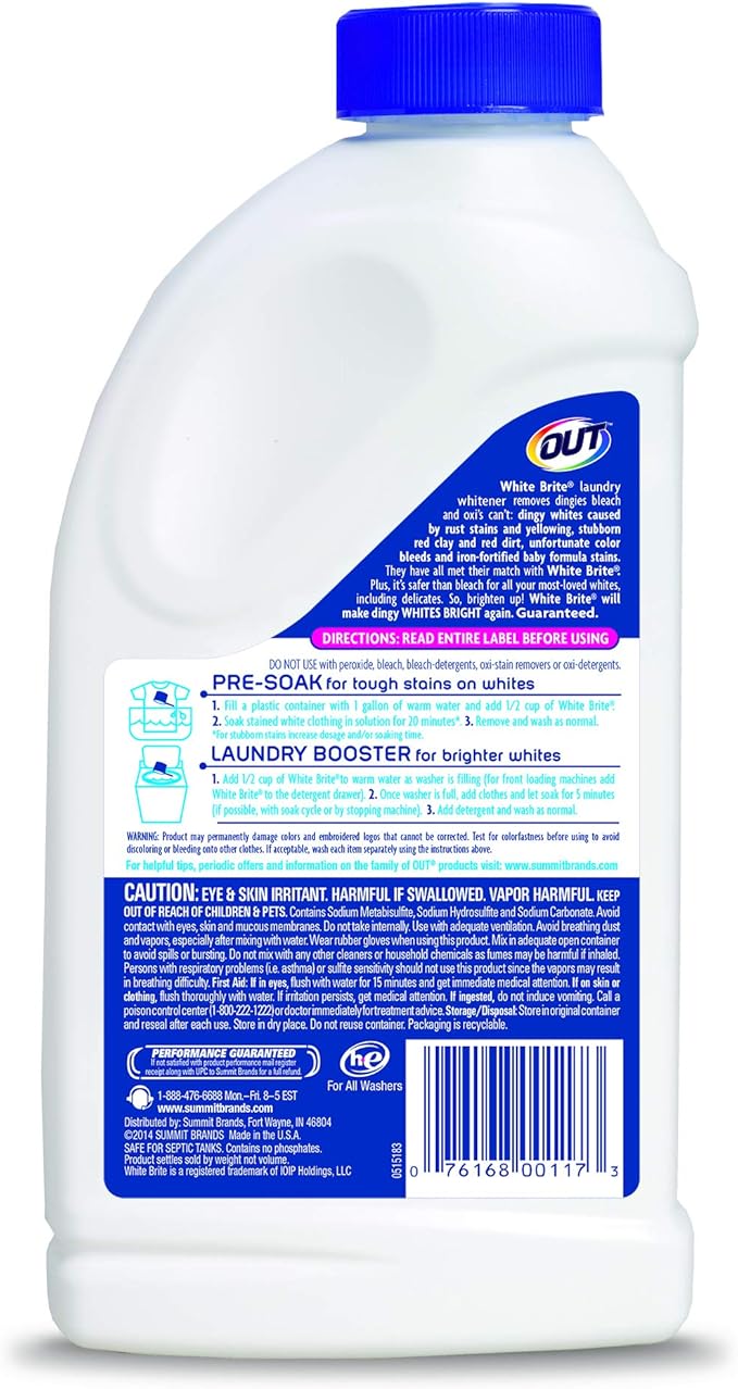 OUT White Brite Laundry Whitener Powder, Stain Remover Detergent Booster for Clothes, Removes Red Clay and Rust Stains on White Clothing and Uniforms