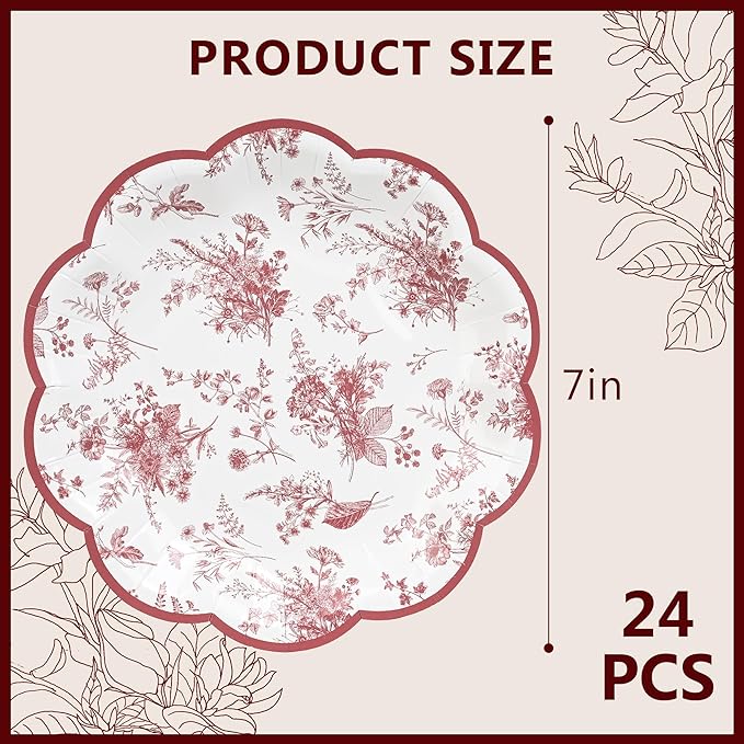 24Pcs Red Floral Party Plates Vintage Floral Leaf Disposable Paper Plate Wildflower Red Toile 7" Scalloped Rim Dessert Plates for Christmas Birthday Bridal Tea Party Supplies
