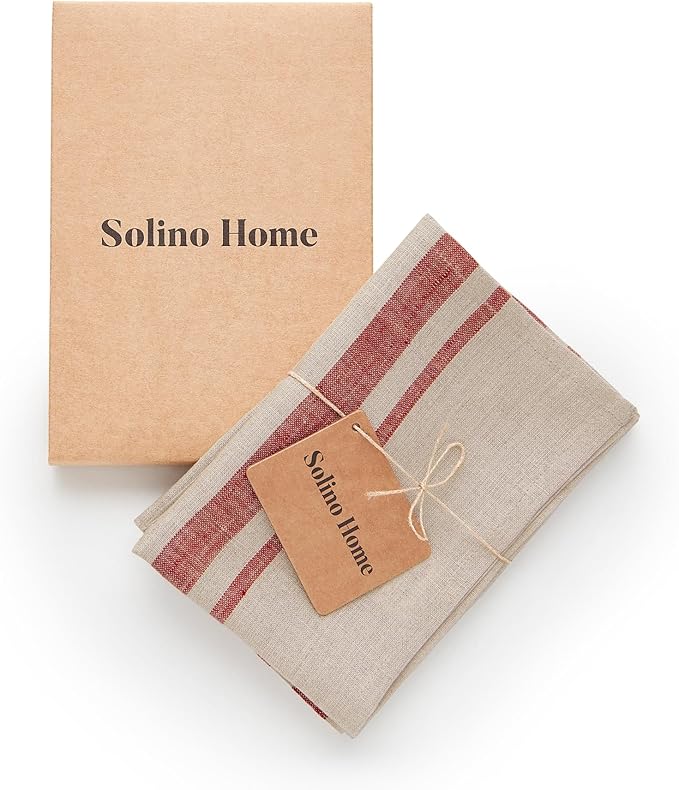 Solino Home Red and Natural Linen Kitchen Towels Set of 2-100% Pure Linen 17 x 26 Inch French Stripe Tea Towels with Hanging Loop - European Flax Kitchen Dish Cloth - Quick Dry & Machine Washable
