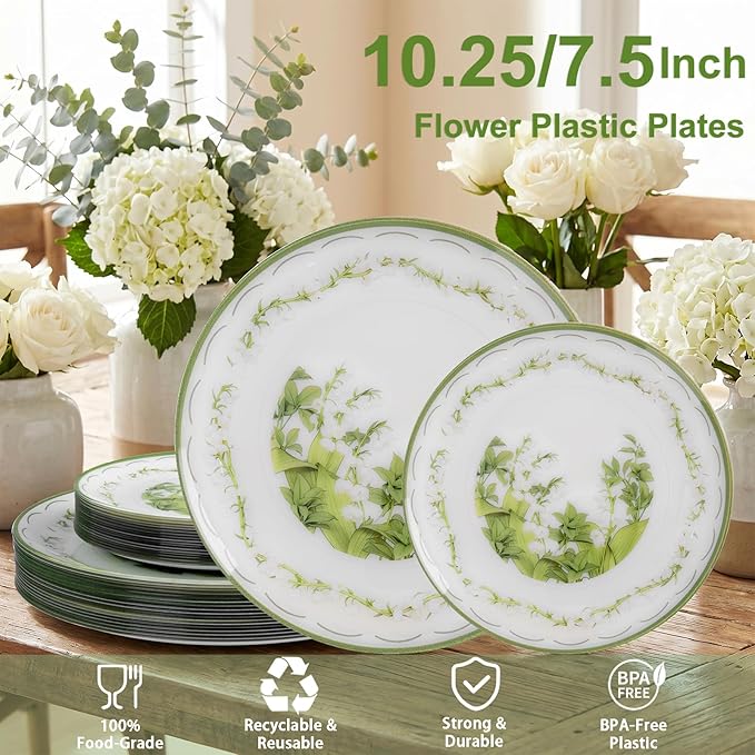 30Pcs White and Clear Plastic Plates - White Lily of the Valley Plates Disposable Heavy Duty,Perfect for Weddings, Tea Parties, Holidays - 10.25" Dinner & 7.5" Dessert Plastic Plate