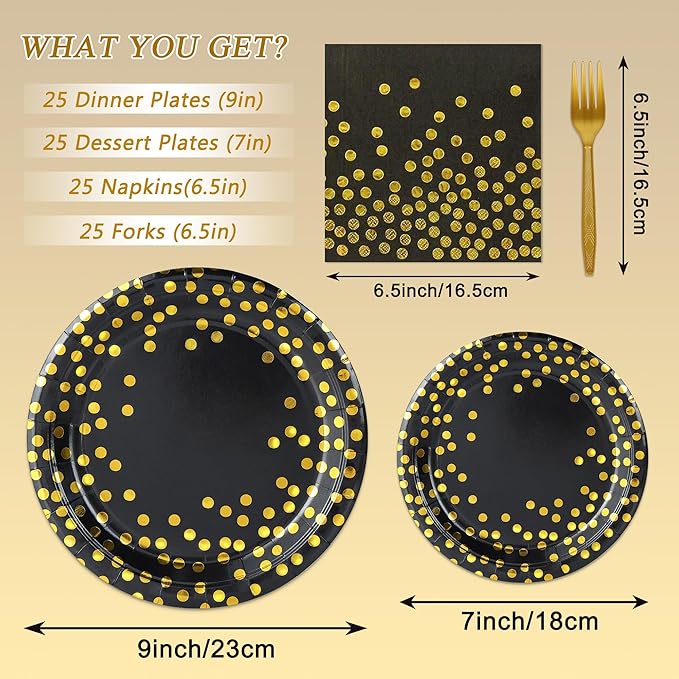 100 Pcs Black and Gold Paper Plates and Napkins Party Supplies,Serves 25 Guests Black Gold Plates and Napkins,Disposable Paper Tableware Set for Birthday Graduation Retirement Decorations