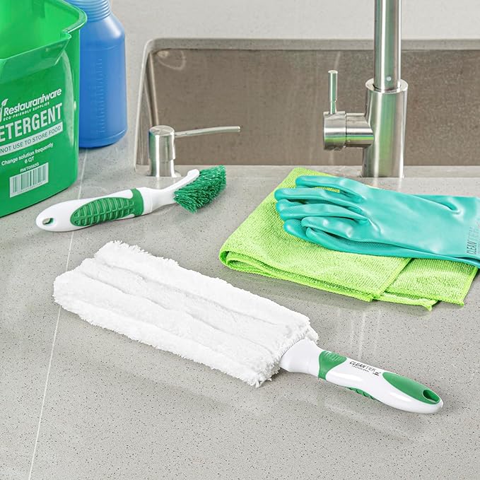 Restaurantware Duster 10 Pack of 14.7 x 3.4 x 1.1 Inch Cotton Duster Washable Multipurpose Cleaning Tool Non-Slip Handle Green and White Dust Remover Tool