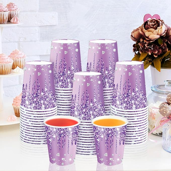 50pcs Purple Silver Birthday Party Paper Cups 9o Diamonds Purple Party Cups Supplies Purple Silver Theme Party Disposable Cups For Women Girls Birthday Wedding Baby Shower Party Favors Decorations