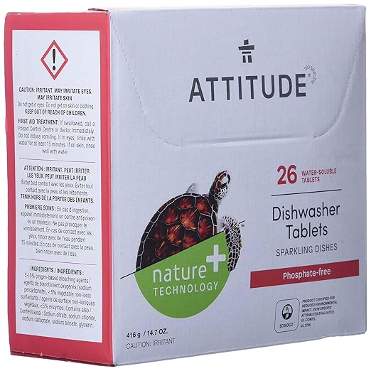 ATTITUDE Dishwasher Pods, Plant-Based & Vegan, Phosphate-Free Detergent Tablets, Naturally Derived, Unscented, 26 Count (Pack of 2)