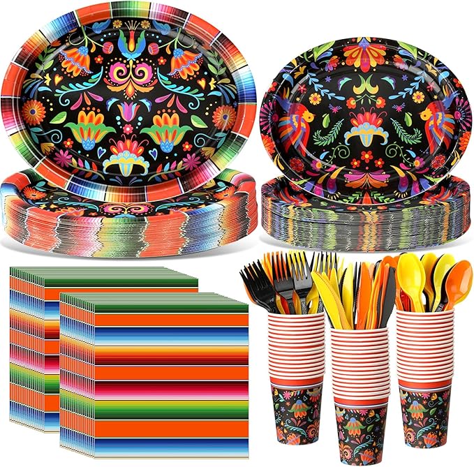 Havawish 350 Pcs Mexican Party Supplies Fiesta Disposable Tableware Set Flower Serape Stripe Oval Paper Plates Cups Napkins Fork Knife Spoon Dinnerware for Cinco De Mayo Mexico Table Decor