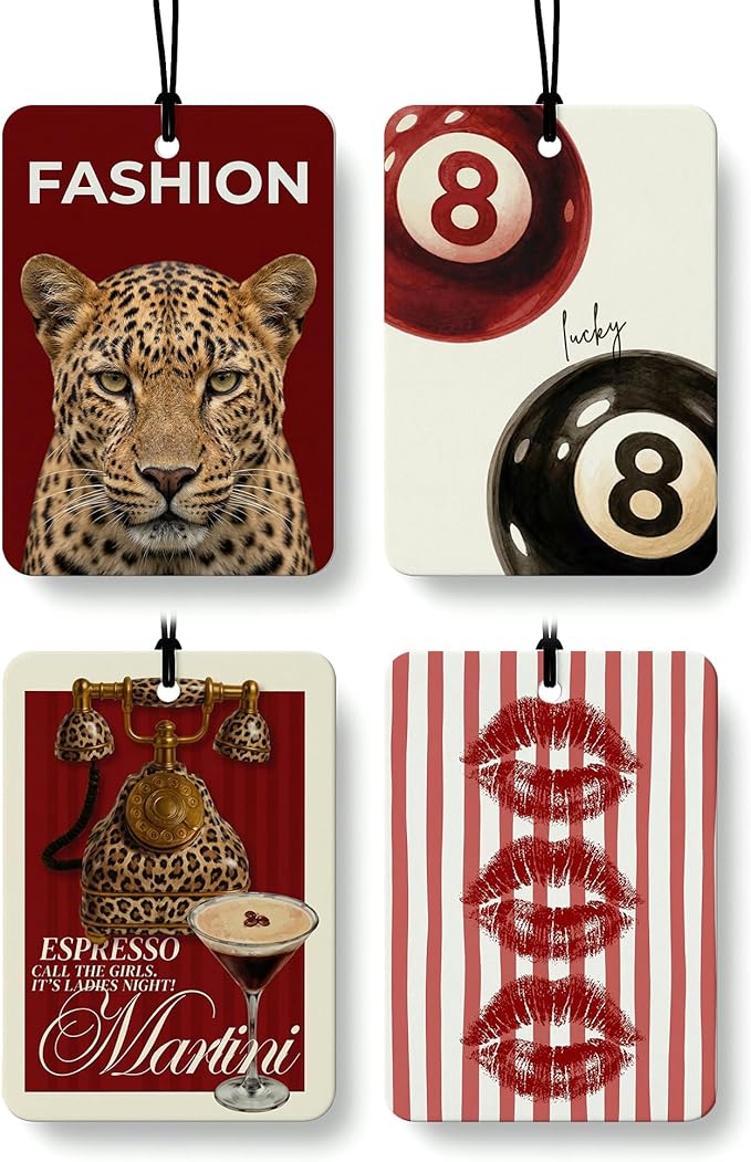 Red and Leopard Print Orange Citrus Car Air Freshener 4pcs, Trendy Cheetah Lucky 8 Ball Sexy Lips Espresso Martini Hanging Scents Car Accessories Interior Mirror Decor for Women Girls