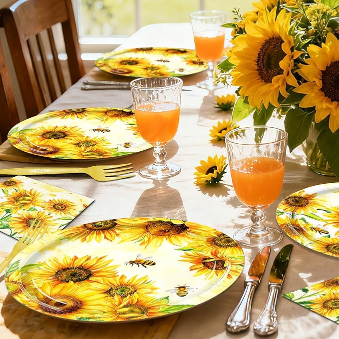 96 Pieces Sunflower Plates and Napkins, Yellow Floral Disposable Tableware with Paper Plates Napkins and Forks for Sunflower Party Supplies, Birthday, Baby Shower, Bridal Shower Decorations, Serves 24