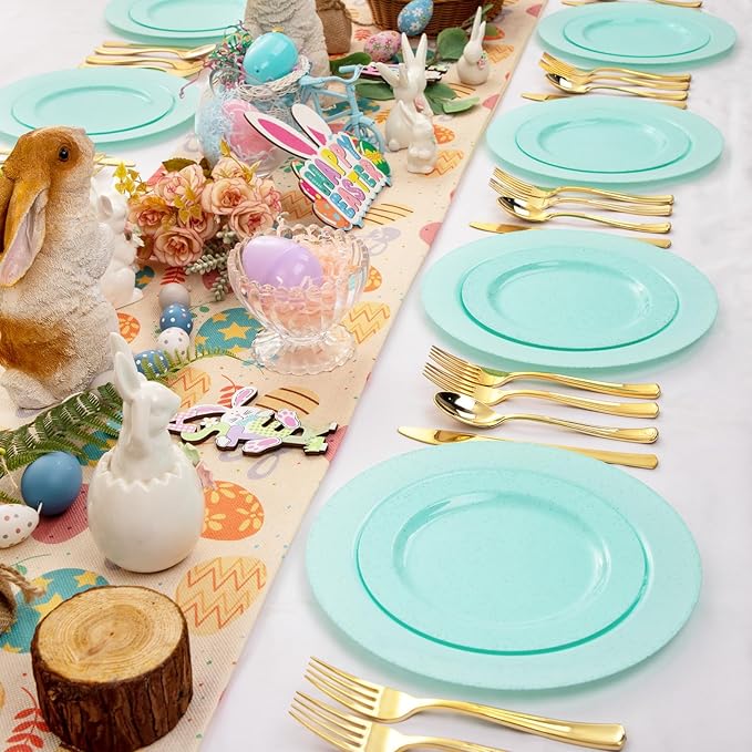DaYammi 60Pcs Greeen Plastic Plates,Disposable Green Plates With Glitter,Granite Plastic Platos Include 30 Dinner Plate 10.25inch,30 Dessert Plate 7.5inch,Green plastic plates for Party Dinner