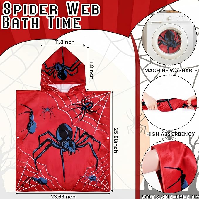 Fanfanwin Cotton Spider Web Bath Towel Beach Hooded Bath Towel 37.8x23.62 Inches Spider Theme Poncho with Snap Buttons Hood Soft Rapid Dry for Beach, Pool, Swim, Travel, Home Use