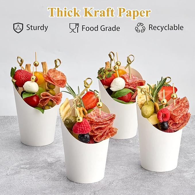 ZORRITA 50 Sets 14 oz Charcuterie Cups with Sticks and Bags, Individual White Paper Charcuterie Boxes Disposable Individual Appetizer Serving Cups (50 Cups + 200 Cocktail Picks + 50 Bags + 50 Ties)