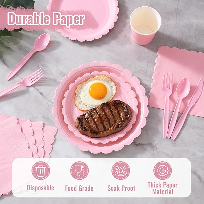 Fijinhom Pink Paper Plates Set, 175 PCS Party Supplies, Disposable Dinnerware Set for 25 Guests, Pink Paper Plates Napkins Cups Plastic Forks Knives Spoons for Christmas