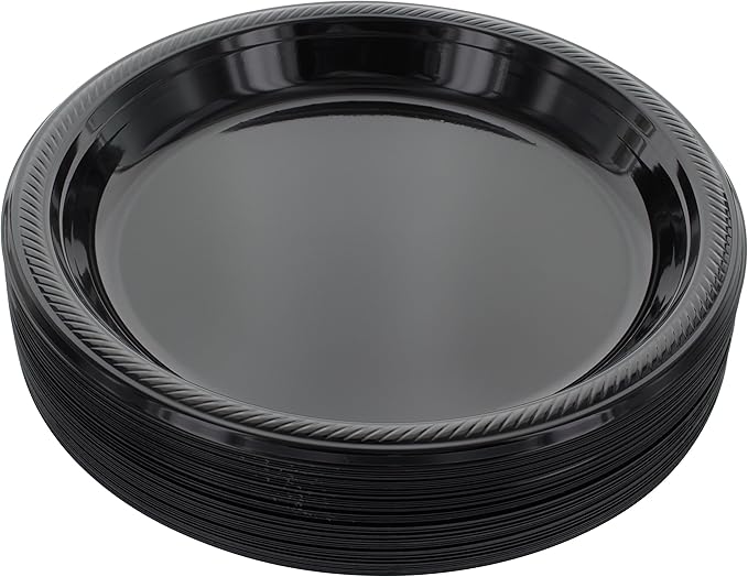 Amcrate Disposable Plastic Dinner Plates, Black, 10.4 Inches, Strong & Sturdy for Party, Dinner, Holiday, Picnic, Travel - Pack of 50