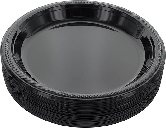 Amcrate Disposable Plastic Dinner Plates, Black, 10.4 Inches, Strong & Sturdy for Party, Dinner, Holiday, Picnic, Travel - Pack of 50
