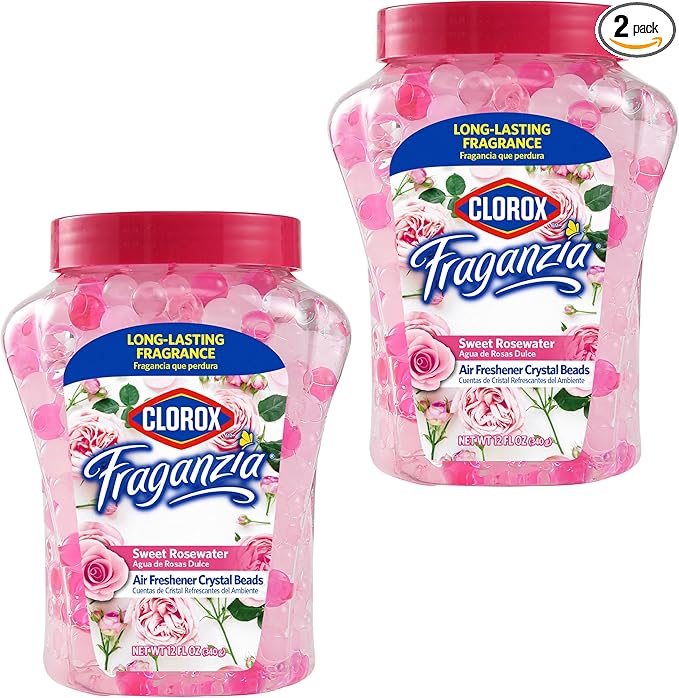 Clorox Fraganzia Crystal Beads Air Freshener, Long Lasting Room Deodorizer and Odor Eliminator Gel Beads to Freshen Home, Car, or Office, Sweet Rosewater Scent, 12 Fl Oz - 2 Pack