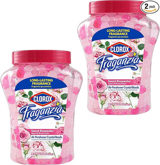 Clorox Fraganzia Crystal Beads Air Freshener, Long Lasting Room Deodorizer and Odor Eliminator Gel Beads to Freshen Home, Car, or Office, Sweet Rosewater Scent, 12 Fl Oz - 2 Pack