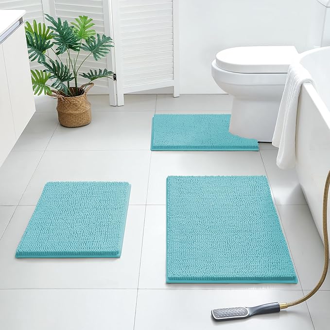 BYSURE Aqua Blue Bathroom Rugs Sets 3 Piece Non Slip Extra Absorbent Plush Chenille Soft Washable Bath Mats