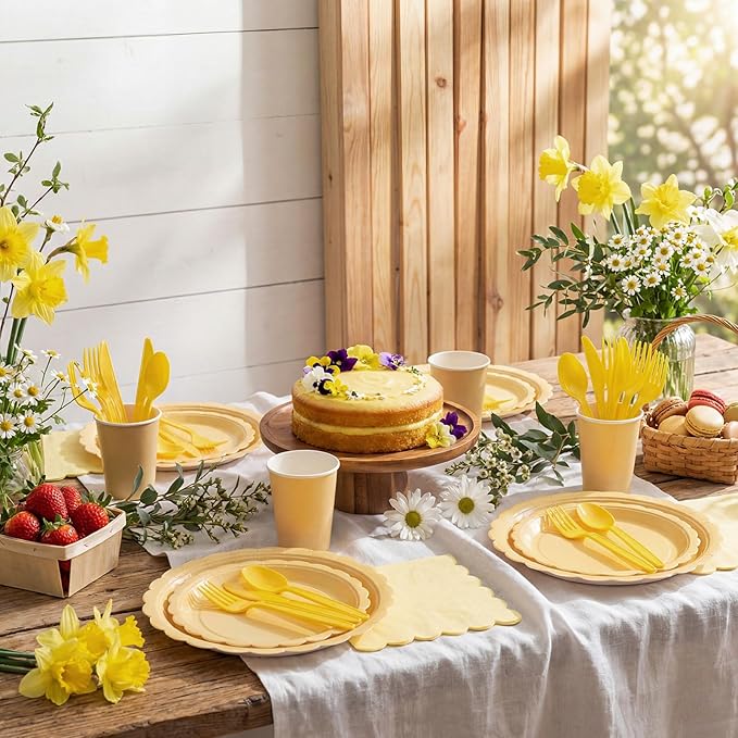 Ziliny 350 Pcs Light Yellow Plates and Napkins, 50 Guest Spring Easter Party Supplies Include Scalloped Paper Plates Napkins Cups Plastic Spoons Forks Knives Disposable Tableware Set for Baby Shower