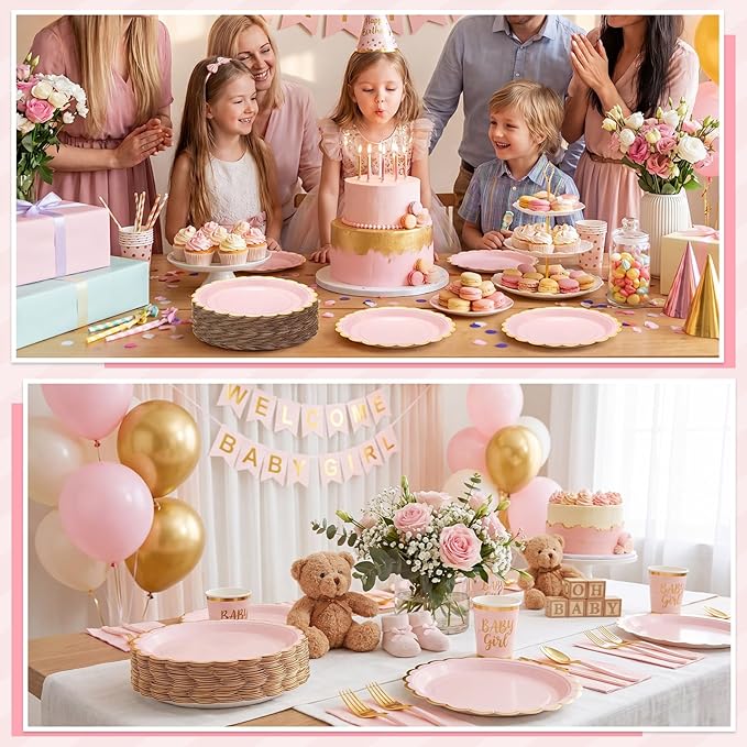 NatNarr 30 Pcs Pink Paper Plates 9 Inch Scalloped Pink and Gold Party Plates Cute Birthday Dessert Cake Plate for Girls Birthday, Baby Bridal Shower, Tea Party, Mothers Day