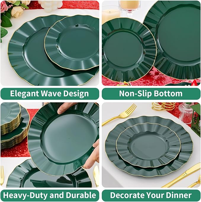 60Pcs Heavy Weight Green Plastic Plates with Gold Trim, Heavy Duty Green Disposable Plate, Elegant Party Plate Sets include 30 Dinner & 30 Dessert Plates for Wedding Party
